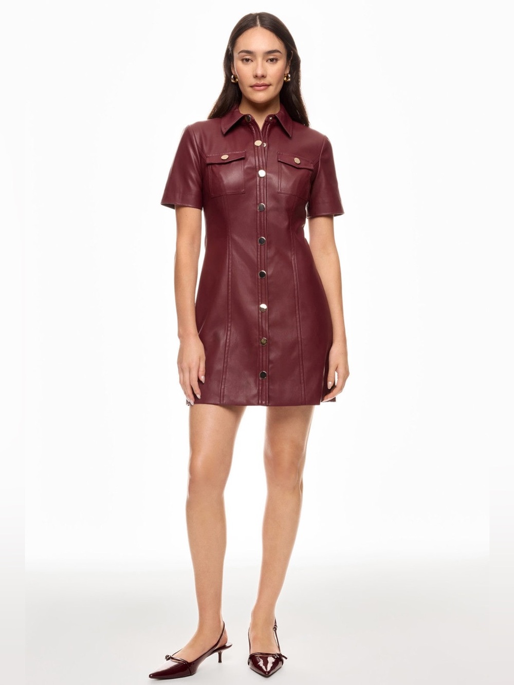 Structured Button-Front Mini Dress in Burgundy